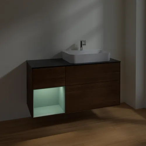 VILLEROY BOCH Finion Waschbeckenunterschrank, mit Beleuchtung, 3 Auszüge, 1200 x 603 x 501 mm, Walnut Veneer / Olive Matt Lacquer / Glass Black Matt #F392GMGN, Bild 5