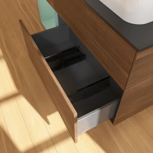 VILLEROY BOCH Finion Waschbeckenunterschrank, mit Beleuchtung, 3 Auszüge, 1200 x 603 x 501 mm, Walnut Veneer / Olive Matt Lacquer / Glass Black Matt #F392GMGN, Bild 7