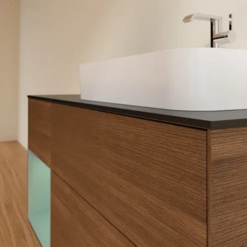 VILLEROY BOCH Finion Waschbeckenunterschrank, mit Beleuchtung, 3 Auszüge, 1200 x 603 x 501 mm, Walnut Veneer / Olive Matt Lacquer / Glass Black Matt #F392GMGN, Bild 6