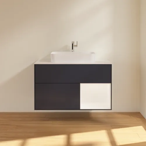 Bild von VILLEROY BOCH Finion Waschbeckenunterschrank, mit Beleuchtung, 2 Auszüge, 1000 x 603 x 501 mm, Midnight Blue Matt Lacquer / White Matt Lacquer / Glass White Matt #F371MTHG