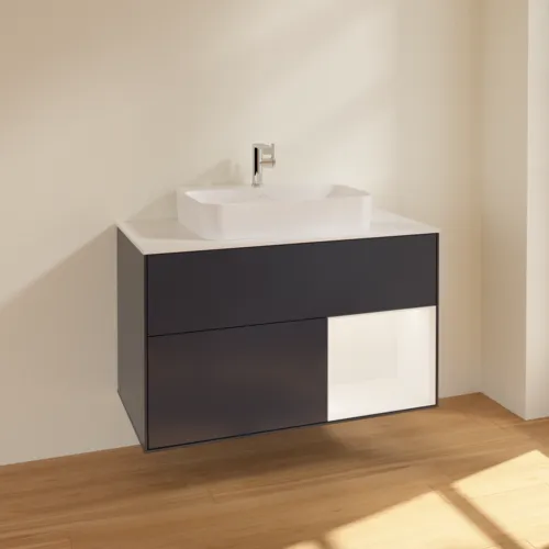 Bild von VILLEROY BOCH Finion Waschbeckenunterschrank, mit Beleuchtung, 2 Auszüge, 1000 x 603 x 501 mm, Midnight Blue Matt Lacquer / White Matt Lacquer / Glass White Matt #F371MTHG