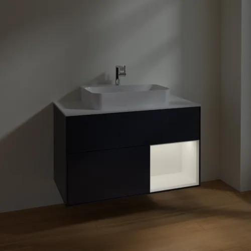 Bild von VILLEROY BOCH Finion Waschbeckenunterschrank, mit Beleuchtung, 2 Auszüge, 1000 x 603 x 501 mm, Midnight Blue Matt Lacquer / White Matt Lacquer / Glass White Matt #F371MTHG