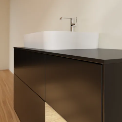 Bild von VILLEROY BOCH Finion Waschbeckenunterschrank, mit Beleuchtung, 3 Auszüge, 1200 x 603 x 501 mm, Black Matt Lacquer / Oak Veneer / Glass Black Matt #F402PCPD