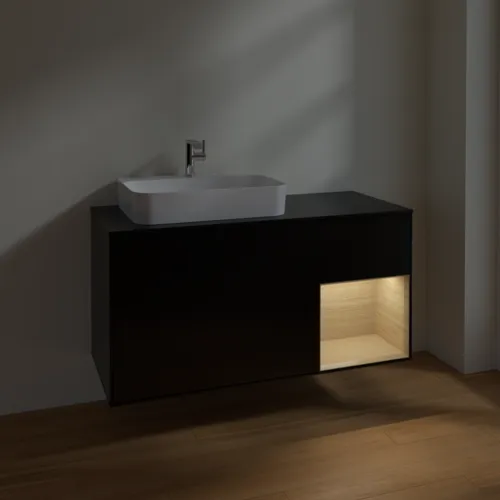 Bild von VILLEROY BOCH Finion Waschbeckenunterschrank, mit Beleuchtung, 3 Auszüge, 1200 x 603 x 501 mm, Black Matt Lacquer / Oak Veneer / Glass Black Matt #F402PCPD