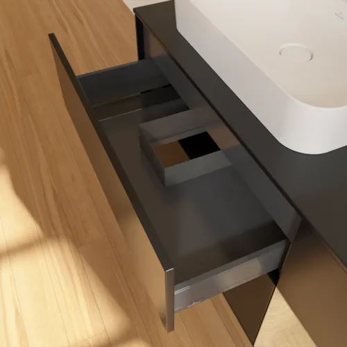 Bild von VILLEROY BOCH Finion Waschbeckenunterschrank, mit Beleuchtung, 3 Auszüge, 1200 x 603 x 501 mm, Black Matt Lacquer / Oak Veneer / Glass Black Matt #F402PCPD