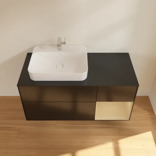 Bild von VILLEROY BOCH Finion Waschbeckenunterschrank, mit Beleuchtung, 3 Auszüge, 1200 x 603 x 501 mm, Black Matt Lacquer / Oak Veneer / Glass Black Matt #F402PCPD