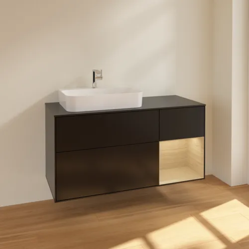 Bild von VILLEROY BOCH Finion Waschbeckenunterschrank, mit Beleuchtung, 3 Auszüge, 1200 x 603 x 501 mm, Black Matt Lacquer / Oak Veneer / Glass Black Matt #F402PCPD