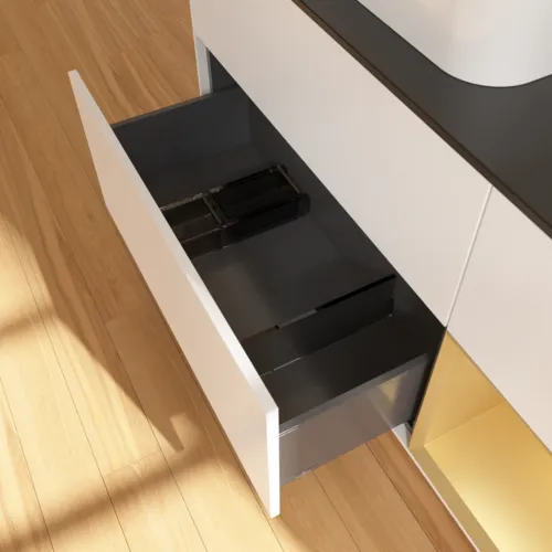 VILLEROY BOCH Finion Waschbeckenunterschrank, mit Beleuchtung, 3 Auszüge, 1200 x 603 x 501 mm, White Matt Lacquer / Gold Matt Lacquer / Glass Black Matt #F402HFMT, Bild 7