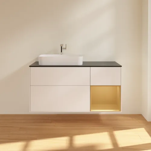 VILLEROY BOCH Finion Waschbeckenunterschrank, mit Beleuchtung, 3 Auszüge, 1200 x 603 x 501 mm, White Matt Lacquer / Gold Matt Lacquer / Glass Black Matt #F402HFMT, Bild 3