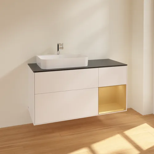 VILLEROY BOCH Finion Waschbeckenunterschrank, mit Beleuchtung, 3 Auszüge, 1200 x 603 x 501 mm, White Matt Lacquer / Gold Matt Lacquer / Glass Black Matt #F402HFMT, Bild 2