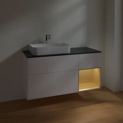 VILLEROY BOCH Finion Waschbeckenunterschrank, mit Beleuchtung, 3 Auszüge, 1200 x 603 x 501 mm, White Matt Lacquer / Gold Matt Lacquer / Glass Black Matt #F402HFMT, Bild 5