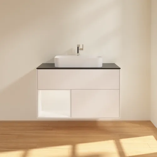 Bild von VILLEROY BOCH Finion Waschbeckenunterschrank, mit Beleuchtung, 2 Auszüge, 1000 x 603 x 501 mm, White Matt Lacquer / White Matt Lacquer / Glass Black Matt #F362MTMT