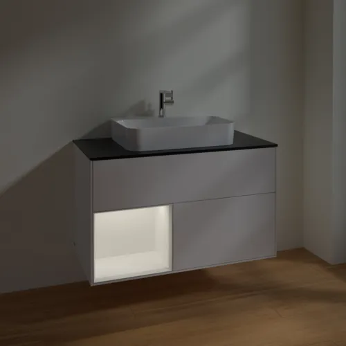 Bild von VILLEROY BOCH Finion Waschbeckenunterschrank, mit Beleuchtung, 2 Auszüge, 1000 x 603 x 501 mm, White Matt Lacquer / White Matt Lacquer / Glass Black Matt #F362MTMT
