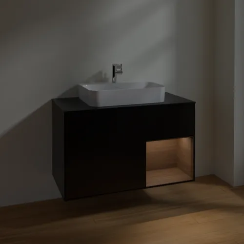 Bild von VILLEROY BOCH Finion Waschbeckenunterschrank, mit Beleuchtung, 2 Auszüge, 1000 x 603 x 501 mm, Black Matt Lacquer / Walnut Veneer / Glass Black Matt #F372GNPD