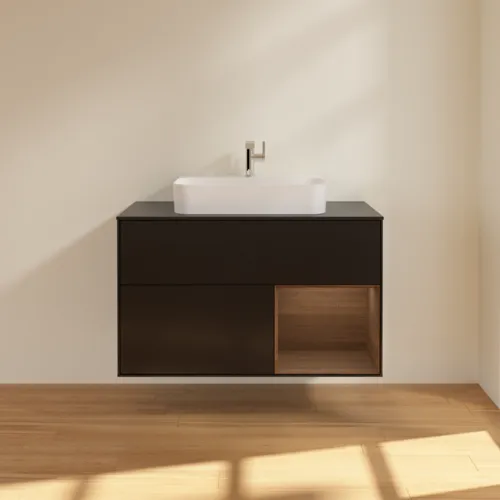Bild von VILLEROY BOCH Finion Waschbeckenunterschrank, mit Beleuchtung, 2 Auszüge, 1000 x 603 x 501 mm, Black Matt Lacquer / Walnut Veneer / Glass Black Matt #F372GNPD