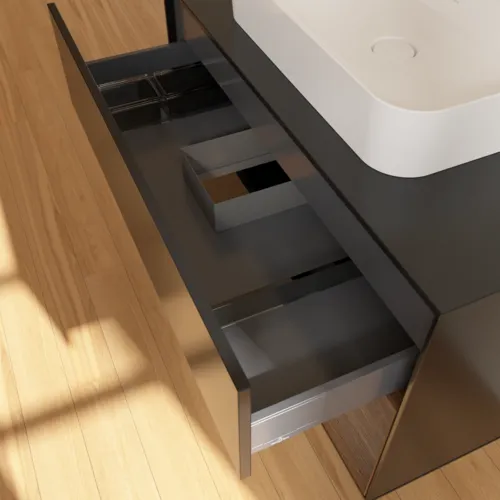 Bild von VILLEROY BOCH Finion Waschbeckenunterschrank, mit Beleuchtung, 2 Auszüge, 1000 x 603 x 501 mm, Black Matt Lacquer / Walnut Veneer / Glass Black Matt #F372GNPD