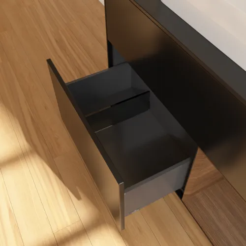 Bild von VILLEROY BOCH Finion Waschbeckenunterschrank, mit Beleuchtung, 2 Auszüge, 1000 x 603 x 501 mm, Black Matt Lacquer / Walnut Veneer / Glass Black Matt #F372GNPD