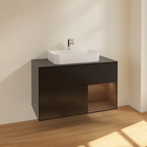 Bild von VILLEROY BOCH Finion Waschbeckenunterschrank, mit Beleuchtung, 2 Auszüge, 1000 x 603 x 501 mm, Black Matt Lacquer / Walnut Veneer / Glass Black Matt #F372GNPD