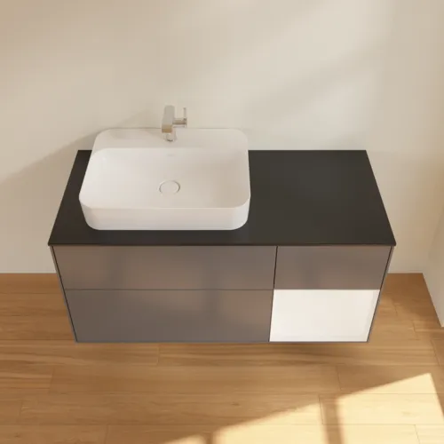 Bild von VILLEROY BOCH Finion Waschbeckenunterschrank, mit Beleuchtung, 3 Auszüge, 1200 x 603 x 501 mm, Anthracite Matt Lacquer / White Matt Lacquer / Glass Black Matt #F402MTGK