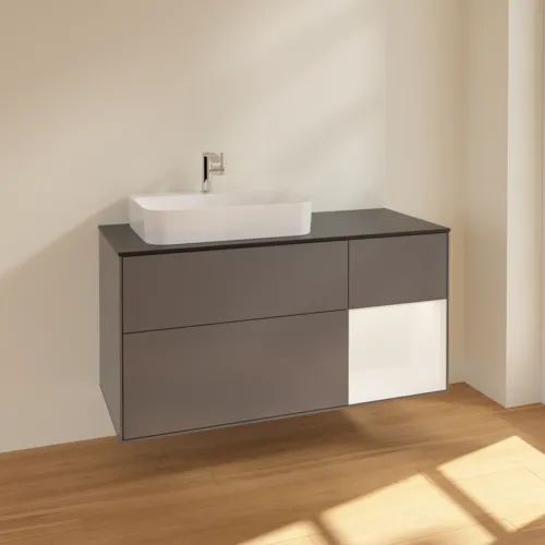 Bild von VILLEROY BOCH Finion Waschbeckenunterschrank, mit Beleuchtung, 3 Auszüge, 1200 x 603 x 501 mm, Anthracite Matt Lacquer / White Matt Lacquer / Glass Black Matt #F402MTGK