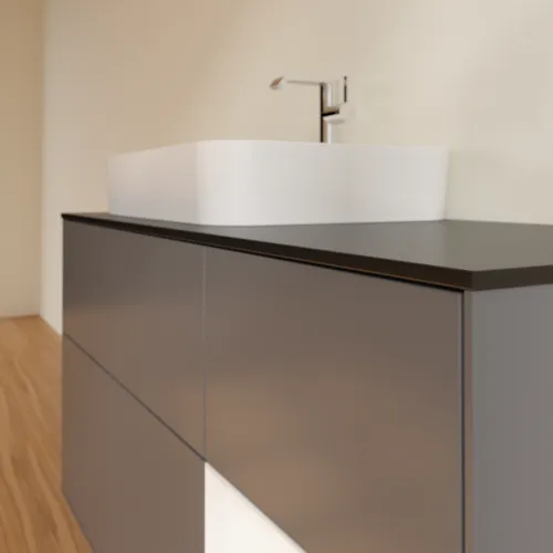 Bild von VILLEROY BOCH Finion Waschbeckenunterschrank, mit Beleuchtung, 3 Auszüge, 1200 x 603 x 501 mm, Anthracite Matt Lacquer / White Matt Lacquer / Glass Black Matt #F402MTGK