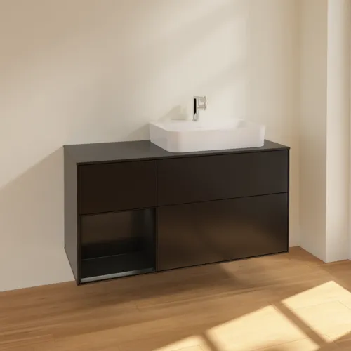 Bild von VILLEROY BOCH Finion Waschbeckenunterschrank, mit Beleuchtung, 3 Auszüge, 1200 x 603 x 501 mm, Black Matt Lacquer / Black Matt Lacquer / Glass Black Matt #F392PDPD