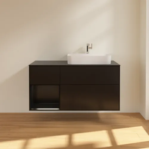 Bild von VILLEROY BOCH Finion Waschbeckenunterschrank, mit Beleuchtung, 3 Auszüge, 1200 x 603 x 501 mm, Black Matt Lacquer / Black Matt Lacquer / Glass Black Matt #F392PDPD