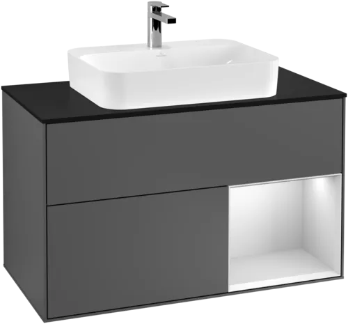 Obrázek VILLEROY BOCH Toaletní skříňka Finion, s osvětlením, 2 výsuvy, 1000 x 603 x 501 mm, antracitový matný lak / bílý matný lak / černé matné sklo #F372MTGK