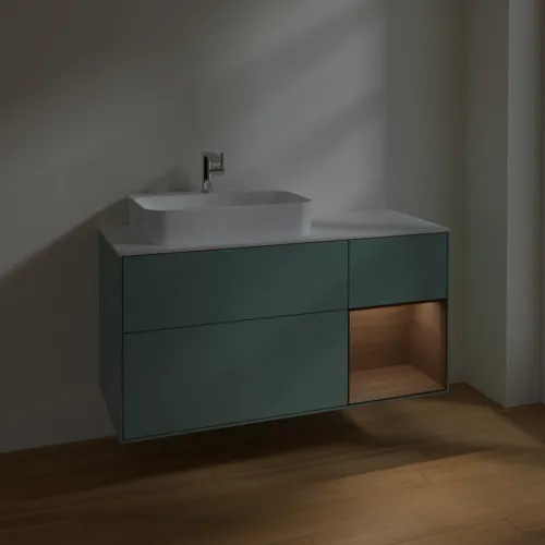 Bild von VILLEROY BOCH Finion Waschbeckenunterschrank, mit Beleuchtung, 3 Auszüge, 1200 x 603 x 501 mm, Olive Matt Lacquer / Walnut Veneer / Glass White Matt #F401GNGM
