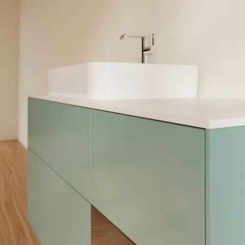 Bild von VILLEROY BOCH Finion Waschbeckenunterschrank, mit Beleuchtung, 3 Auszüge, 1200 x 603 x 501 mm, Olive Matt Lacquer / Walnut Veneer / Glass White Matt #F401GNGM