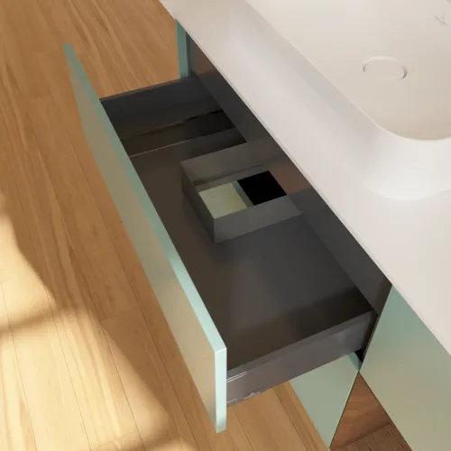 Bild von VILLEROY BOCH Finion Waschbeckenunterschrank, mit Beleuchtung, 3 Auszüge, 1200 x 603 x 501 mm, Olive Matt Lacquer / Walnut Veneer / Glass White Matt #F401GNGM
