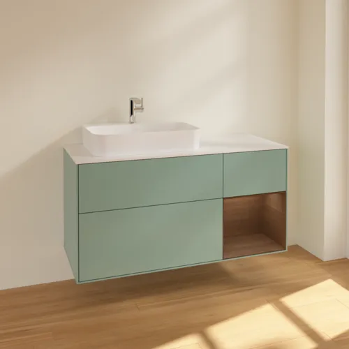 Bild von VILLEROY BOCH Finion Waschbeckenunterschrank, mit Beleuchtung, 3 Auszüge, 1200 x 603 x 501 mm, Olive Matt Lacquer / Walnut Veneer / Glass White Matt #F401GNGM
