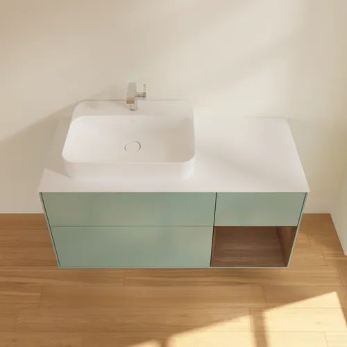Bild von VILLEROY BOCH Finion Waschbeckenunterschrank, mit Beleuchtung, 3 Auszüge, 1200 x 603 x 501 mm, Olive Matt Lacquer / Walnut Veneer / Glass White Matt #F401GNGM