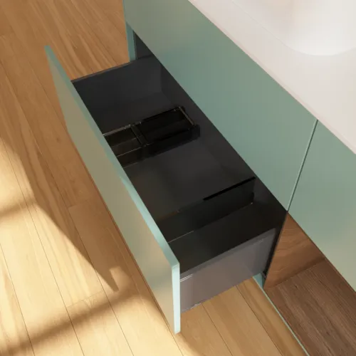 Bild von VILLEROY BOCH Finion Waschbeckenunterschrank, mit Beleuchtung, 3 Auszüge, 1200 x 603 x 501 mm, Olive Matt Lacquer / Walnut Veneer / Glass White Matt #F401GNGM