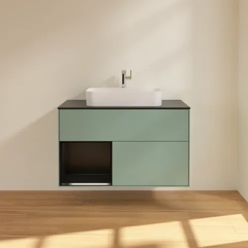 Bild von VILLEROY BOCH Finion Waschbeckenunterschrank, mit Beleuchtung, 2 Auszüge, 1000 x 603 x 501 mm, Olive Matt Lacquer / Black Matt Lacquer / Glass Black Matt #F362PDGM