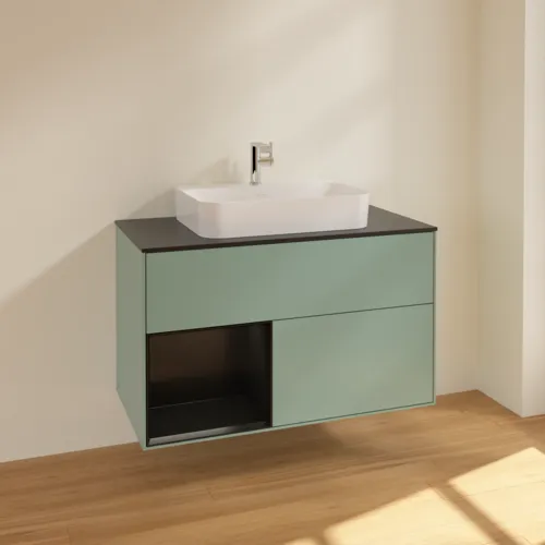 Bild von VILLEROY BOCH Finion Waschbeckenunterschrank, mit Beleuchtung, 2 Auszüge, 1000 x 603 x 501 mm, Olive Matt Lacquer / Black Matt Lacquer / Glass Black Matt #F362PDGM