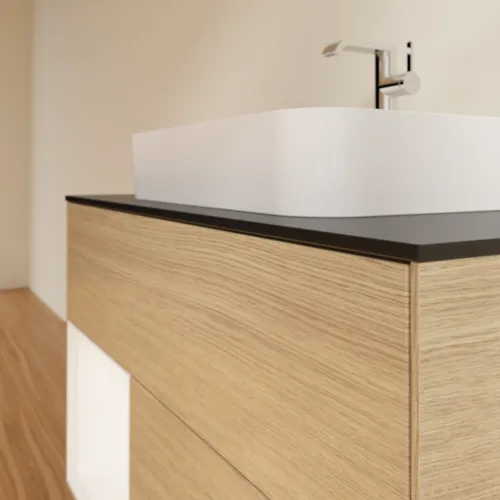 Bild von VILLEROY BOCH Finion Waschbeckenunterschrank, mit Beleuchtung, 2 Auszüge, 1000 x 603 x 501 mm, Oak Veneer / White Matt Lacquer / Glass Black Matt #F362MTPC