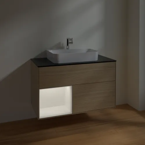 Bild von VILLEROY BOCH Finion Waschbeckenunterschrank, mit Beleuchtung, 2 Auszüge, 1000 x 603 x 501 mm, Oak Veneer / White Matt Lacquer / Glass Black Matt #F362MTPC