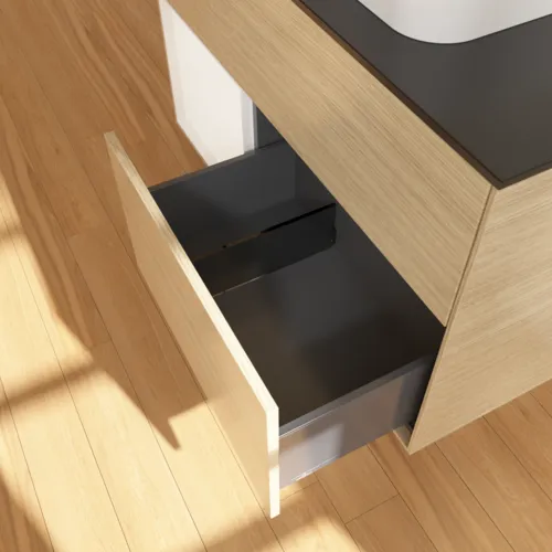 Bild von VILLEROY BOCH Finion Waschbeckenunterschrank, mit Beleuchtung, 2 Auszüge, 1000 x 603 x 501 mm, Oak Veneer / White Matt Lacquer / Glass Black Matt #F362MTPC