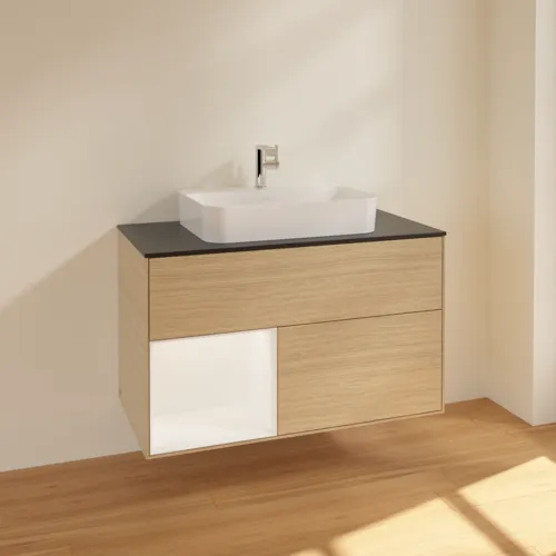 Bild von VILLEROY BOCH Finion Waschbeckenunterschrank, mit Beleuchtung, 2 Auszüge, 1000 x 603 x 501 mm, Oak Veneer / White Matt Lacquer / Glass Black Matt #F362MTPC