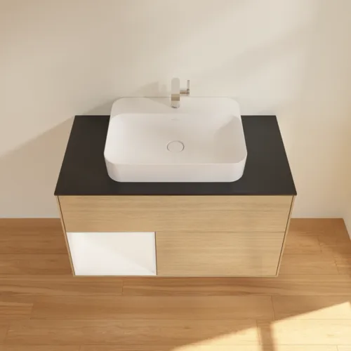 Bild von VILLEROY BOCH Finion Waschbeckenunterschrank, mit Beleuchtung, 2 Auszüge, 1000 x 603 x 501 mm, Oak Veneer / White Matt Lacquer / Glass Black Matt #F362MTPC