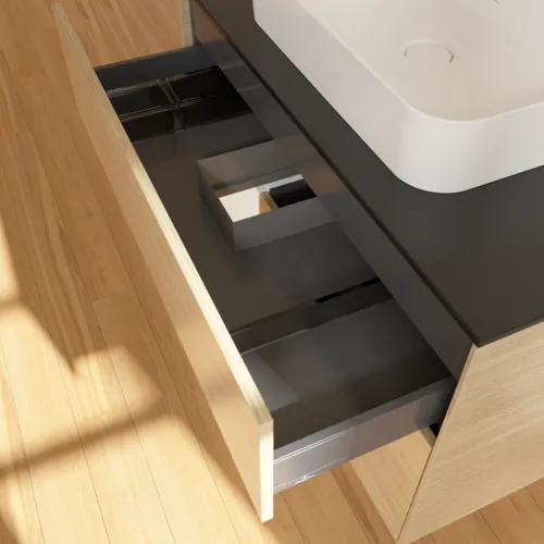 Bild von VILLEROY BOCH Finion Waschbeckenunterschrank, mit Beleuchtung, 2 Auszüge, 1000 x 603 x 501 mm, Oak Veneer / White Matt Lacquer / Glass Black Matt #F362MTPC