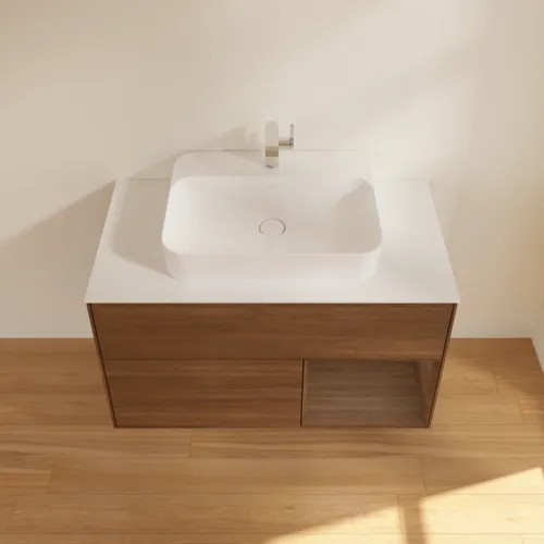 Bild von VILLEROY BOCH Finion Waschbeckenunterschrank, mit Beleuchtung, 2 Auszüge, 1000 x 603 x 501 mm, Walnut Veneer / Walnut Veneer / Glass White Matt #F371GNGN