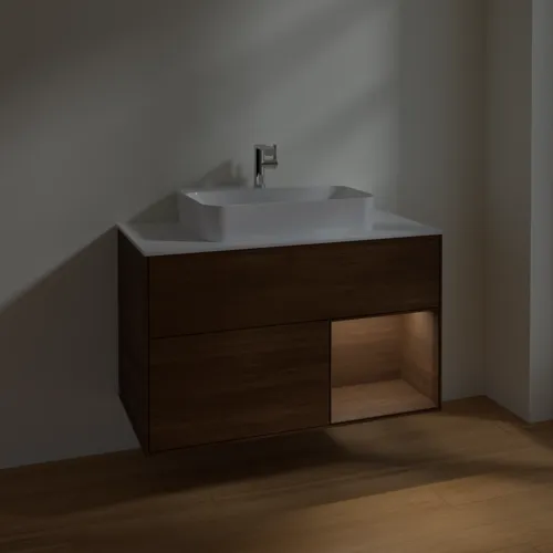 Bild von VILLEROY BOCH Finion Waschbeckenunterschrank, mit Beleuchtung, 2 Auszüge, 1000 x 603 x 501 mm, Walnut Veneer / Walnut Veneer / Glass White Matt #F371GNGN
