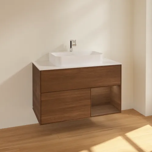 Bild von VILLEROY BOCH Finion Waschbeckenunterschrank, mit Beleuchtung, 2 Auszüge, 1000 x 603 x 501 mm, Walnut Veneer / Walnut Veneer / Glass White Matt #F371GNGN