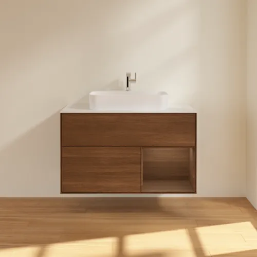 Bild von VILLEROY BOCH Finion Waschbeckenunterschrank, mit Beleuchtung, 2 Auszüge, 1000 x 603 x 501 mm, Walnut Veneer / Walnut Veneer / Glass White Matt #F371GNGN