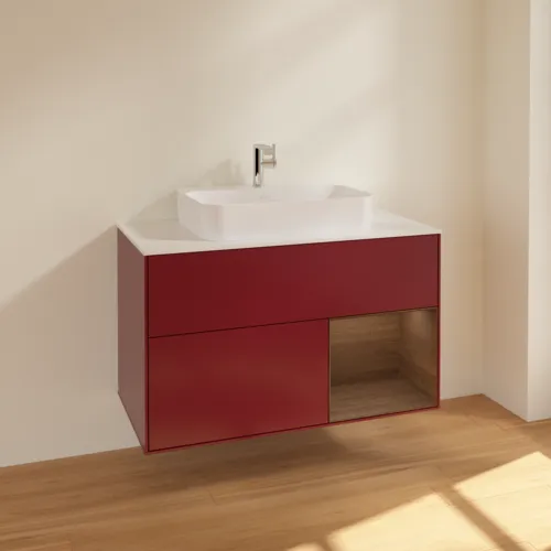 Bild von VILLEROY BOCH Finion Waschbeckenunterschrank, mit Beleuchtung, 2 Auszüge, 1000 x 603 x 501 mm, Peony Matt Lacquer / Walnut Veneer / Glass White Matt #F371GNHB