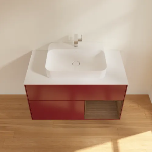 Bild von VILLEROY BOCH Finion Waschbeckenunterschrank, mit Beleuchtung, 2 Auszüge, 1000 x 603 x 501 mm, Peony Matt Lacquer / Walnut Veneer / Glass White Matt #F371GNHB