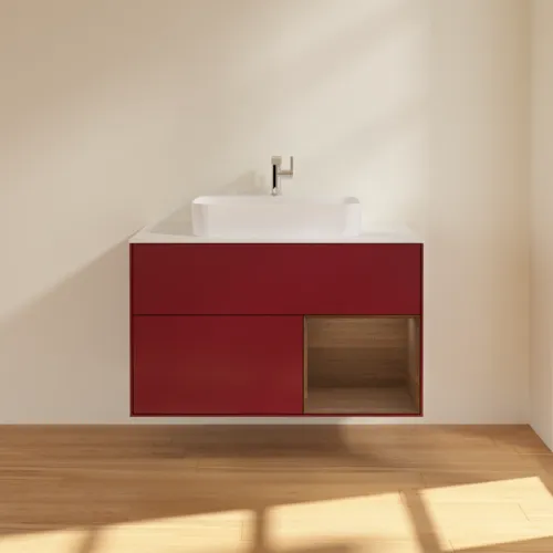 Bild von VILLEROY BOCH Finion Waschbeckenunterschrank, mit Beleuchtung, 2 Auszüge, 1000 x 603 x 501 mm, Peony Matt Lacquer / Walnut Veneer / Glass White Matt #F371GNHB