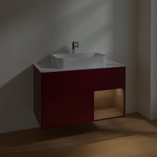 Bild von VILLEROY BOCH Finion Waschbeckenunterschrank, mit Beleuchtung, 2 Auszüge, 1000 x 603 x 501 mm, Peony Matt Lacquer / Walnut Veneer / Glass White Matt #F371GNHB